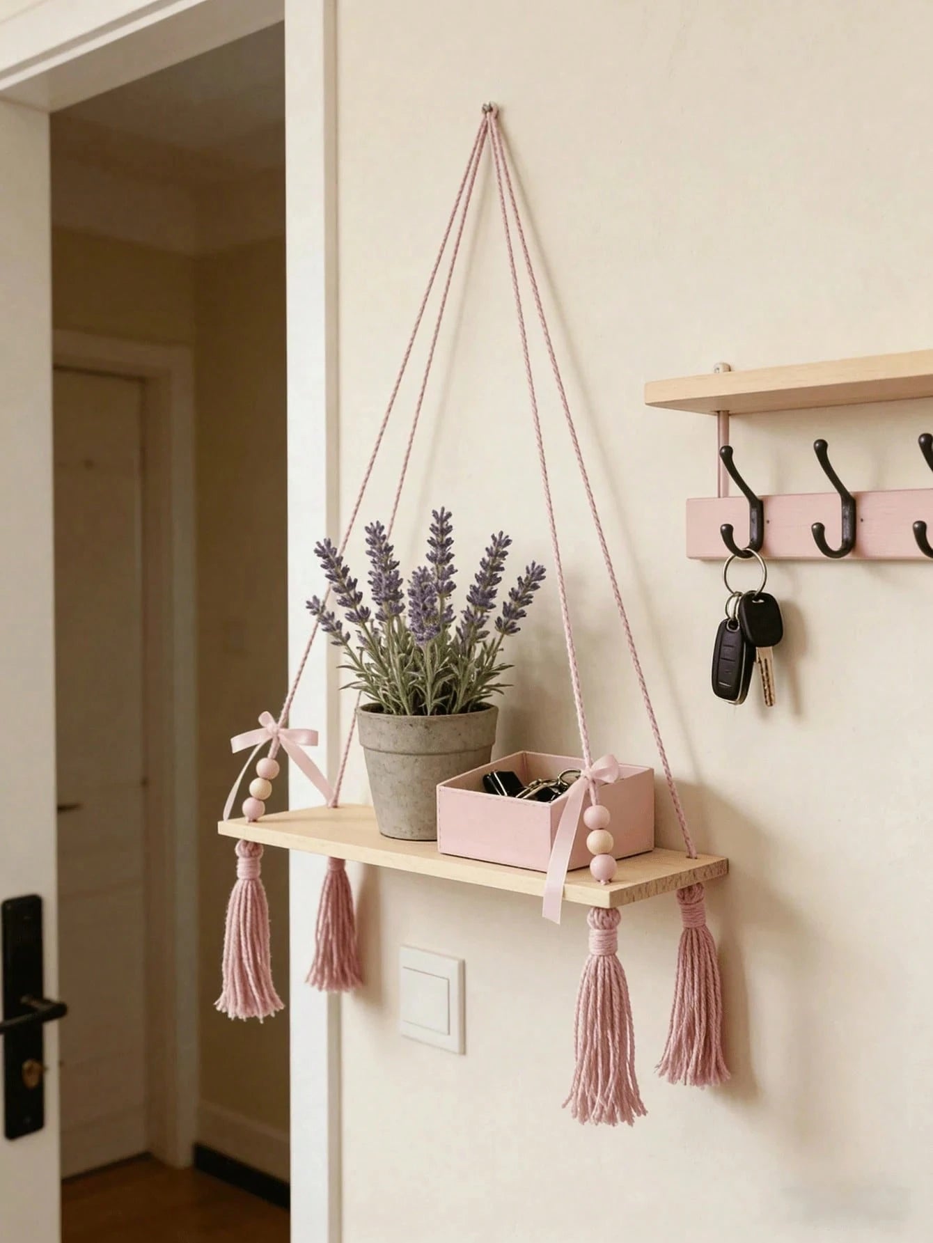 Pink Rope Woven Hanging Wall Shelf (With Wooden Board), Tassel Rope Nursery Decor, Bohemian Style Nursery Wall Storage Rack, Cute Bow Hanging Wall Shelf, Suitable For Children's Bedroom, Girls' Room