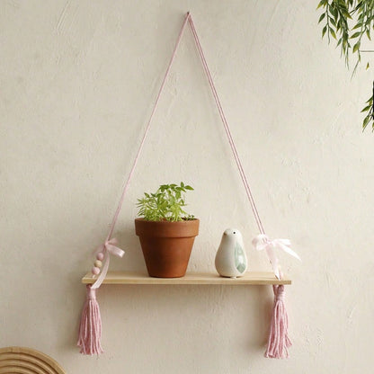 Pink Rope Woven Hanging Wall Shelf (With Wooden Board), Tassel Rope Nursery Decor, Bohemian Style Nursery Wall Storage Rack, Cute Bow Hanging Wall Shelf, Suitable For Children's Bedroom, Girls' Room