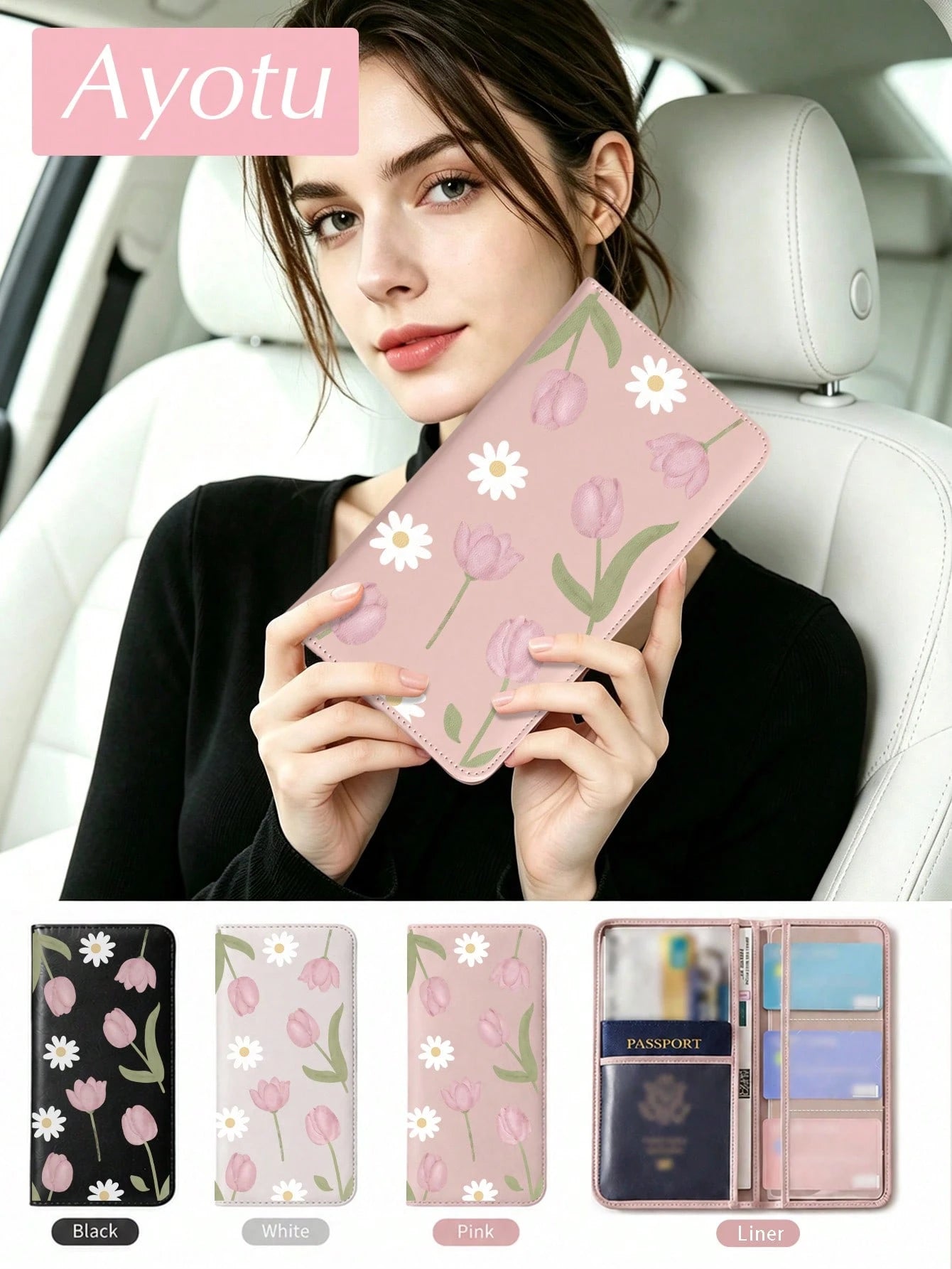 Pink Tulips Car Registration & Insurance Document Holder – Vehicle Glove Box Organizer, Auto & Truck Storage Accessory, Ideal For Storing Important Papers, Driver Licenses, Passports, Cards, Small Aut