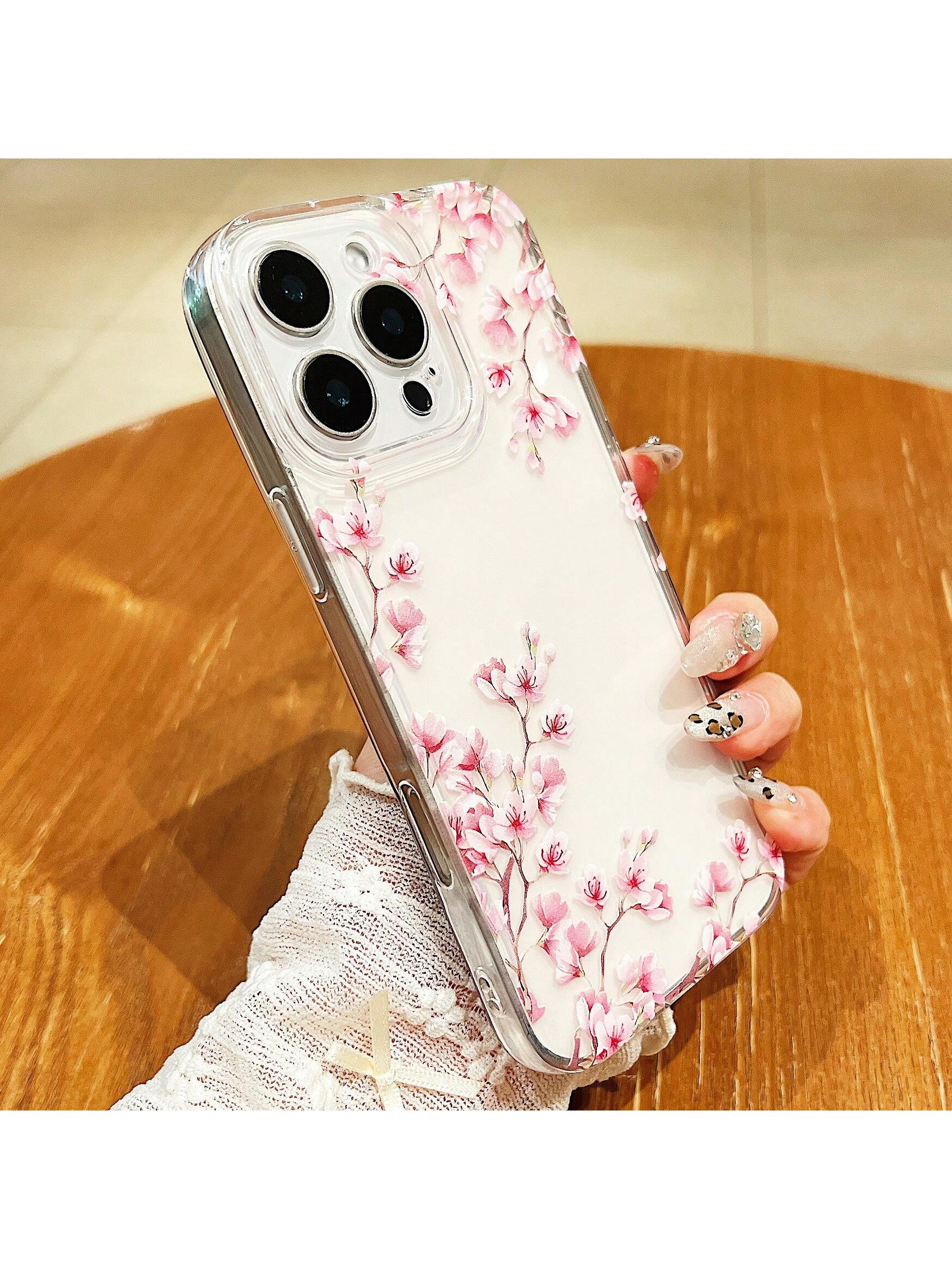 Pink White Black Cherry Blossom Floral Elements Liquid Silicone Shock-Proof & Anti-Fall Fashion Phone Case Perfect Compatible With Apple 14/13/12/11/XS/XR/X/7/8/6s Mini Plus Pro Max SE Transparent Whi