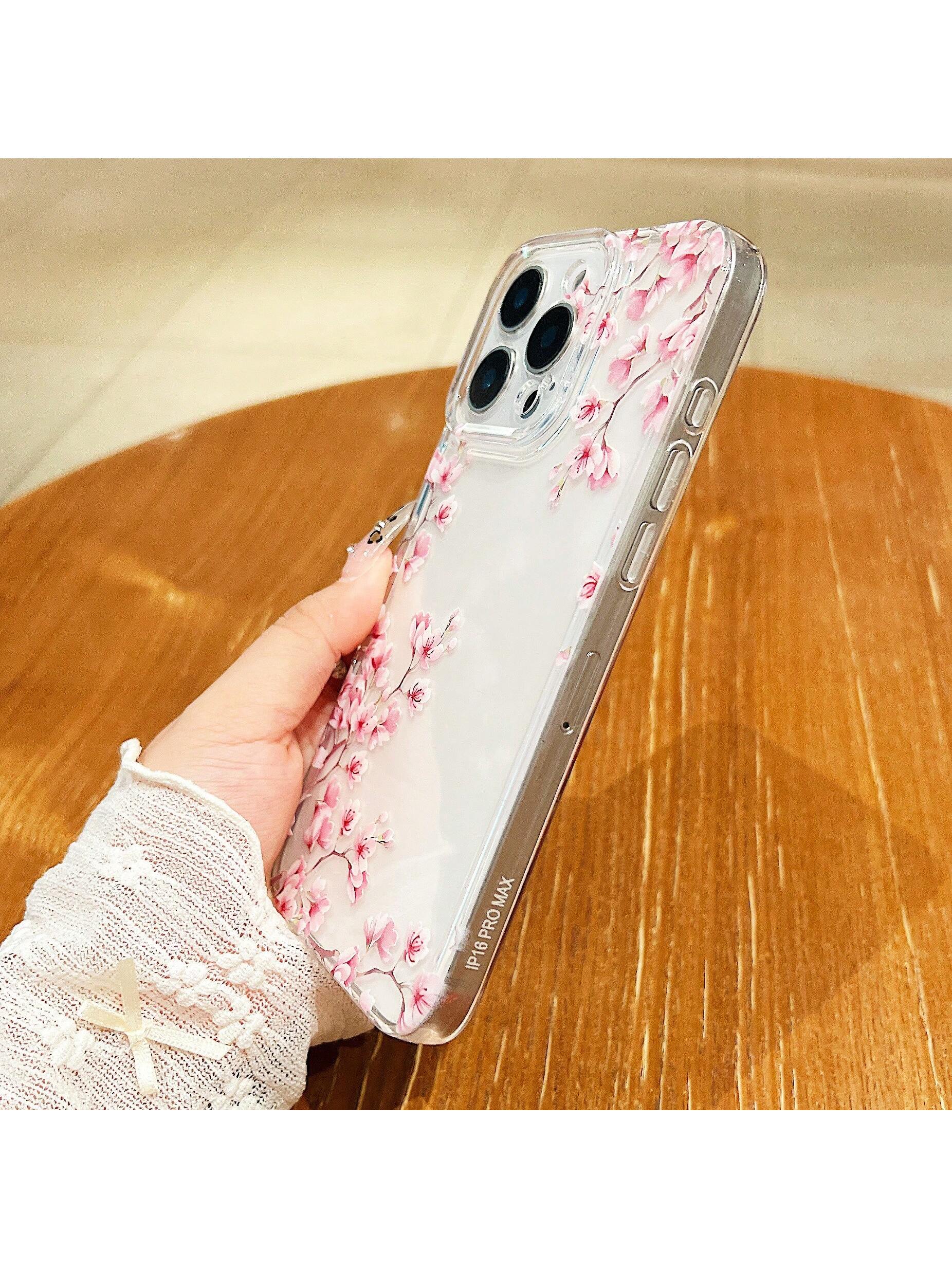 Pink White Black Cherry Blossom Floral Elements Liquid Silicone Shock-Proof & Anti-Fall Fashion Phone Case Perfect Compatible With Apple 14/13/12/11/XS/XR/X/7/8/6s Mini Plus Pro Max SE Transparent Whi