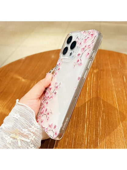 Pink White Black Cherry Blossom Floral Elements Liquid Silicone Shock-Proof & Anti-Fall Fashion Phone Case Perfect Compatible With Apple 14/13/12/11/XS/XR/X/7/8/6s Mini Plus Pro Max SE Transparent Whi