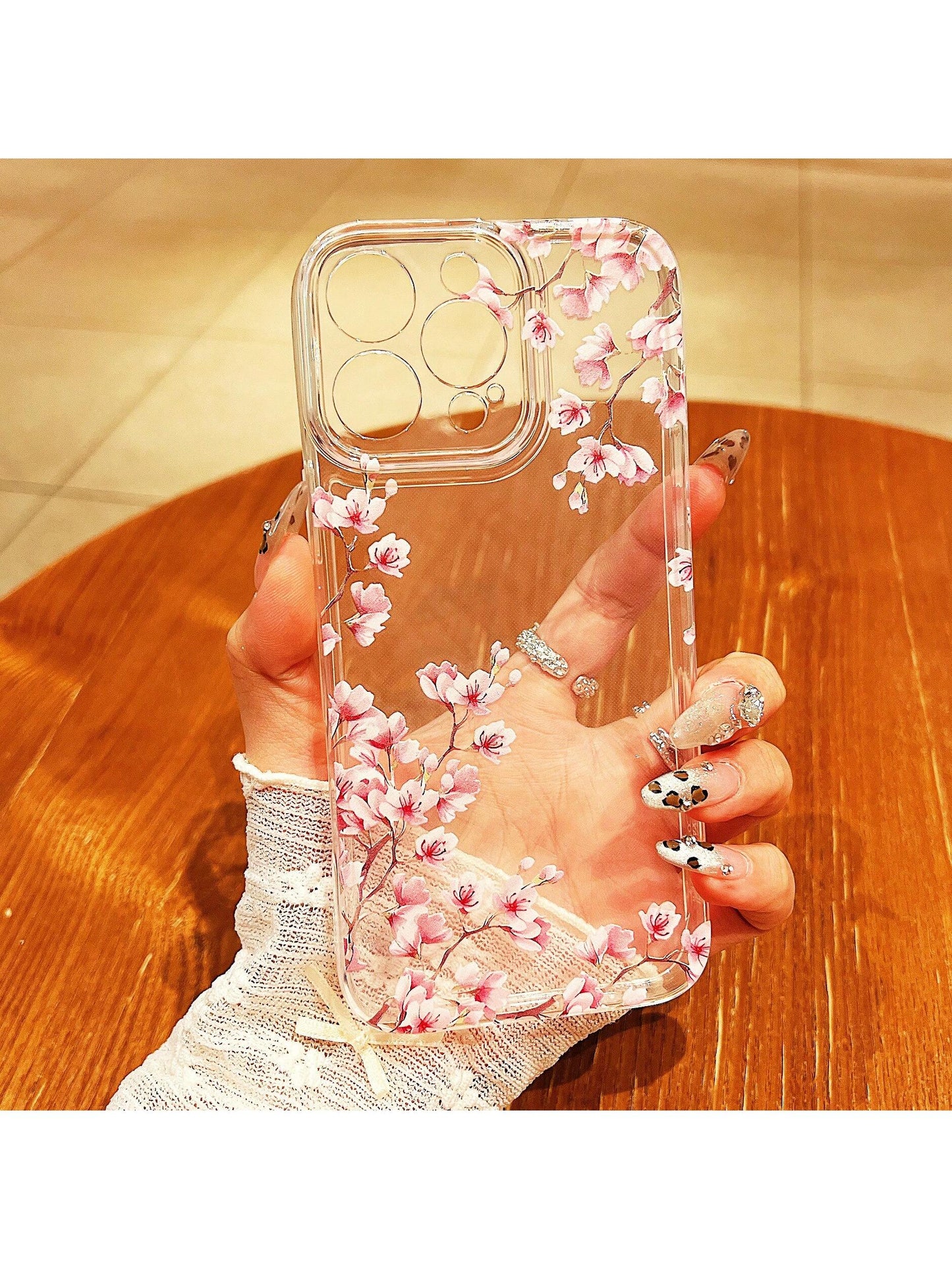 Pink White Black Cherry Blossom Floral Elements Liquid Silicone Shock-Proof & Anti-Fall Fashion Phone Case Perfect Compatible With Apple 14/13/12/11/XS/XR/X/7/8/6s Mini Plus Pro Max SE Transparent Whi