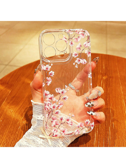 Pink White Black Cherry Blossom Floral Elements Liquid Silicone Shock-Proof & Anti-Fall Fashion Phone Case Perfect Compatible With Apple 14/13/12/11/XS/XR/X/7/8/6s Mini Plus Pro Max SE Transparent Whi