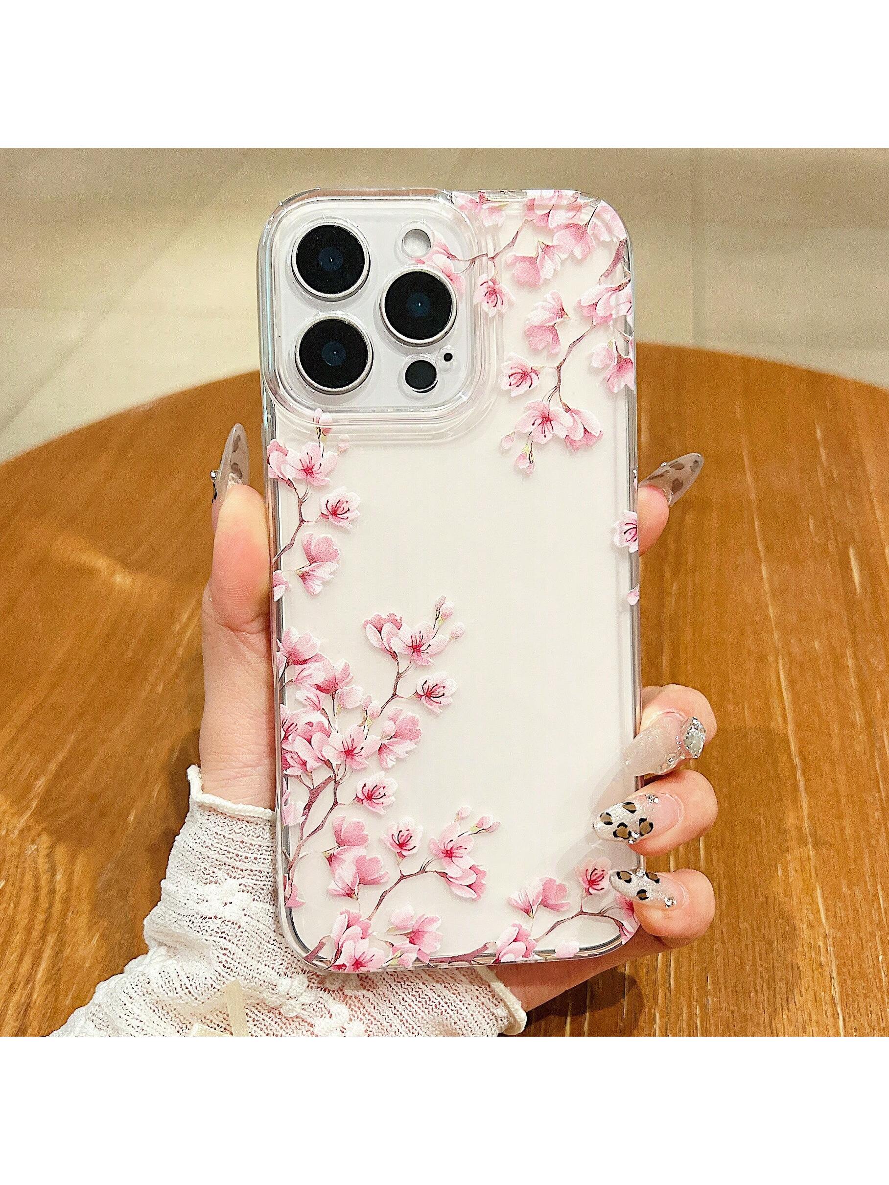 Pink White Black Cherry Blossom Floral Elements Liquid Silicone Shock-Proof & Anti-Fall Fashion Phone Case Perfect Compatible With Apple 14/13/12/11/XS/XR/X/7/8/6s Mini Plus Pro Max SE Transparent Whi