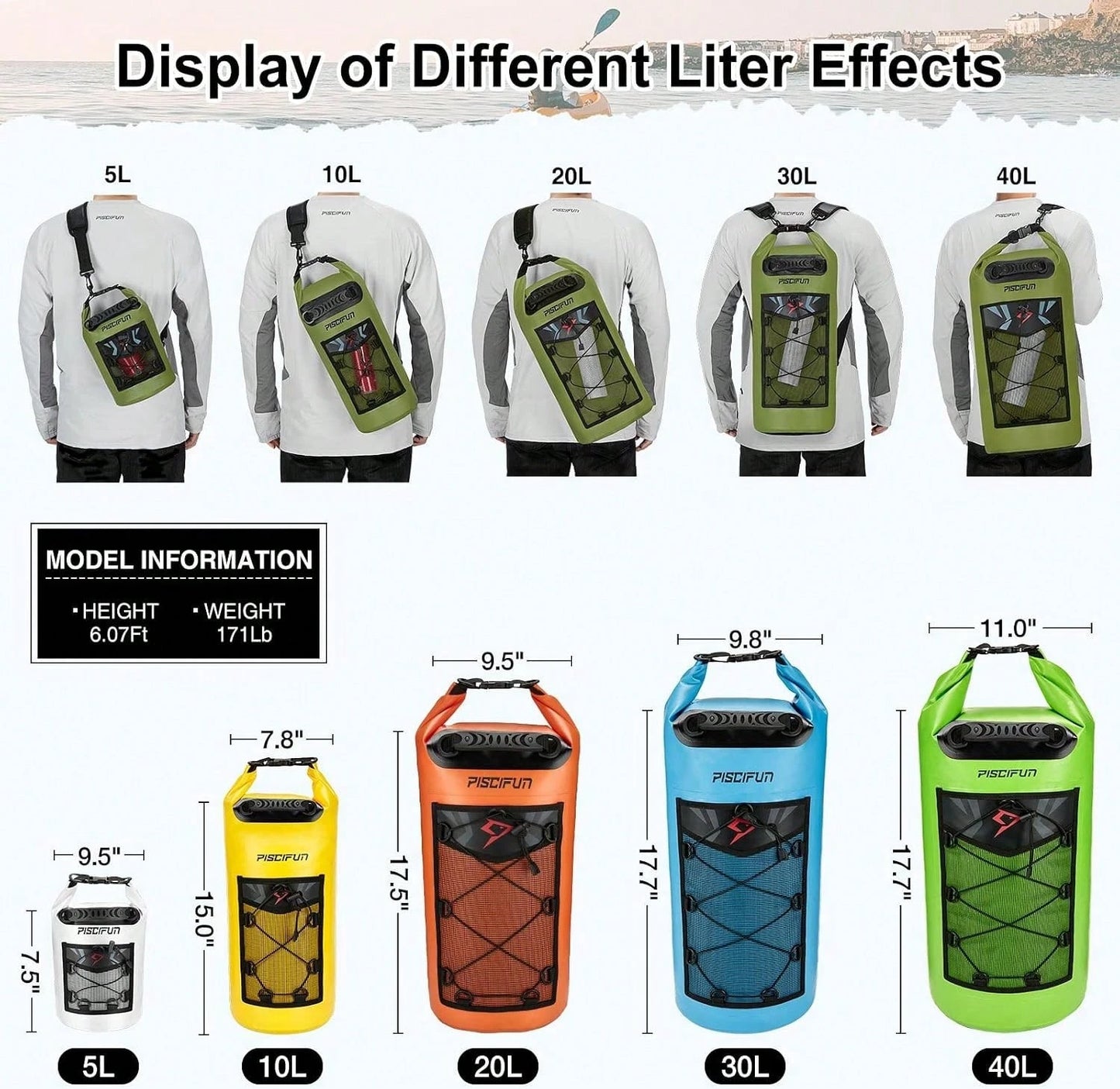 Piscifun Dry Bag, Waterproof Floating Backpack 10L/20L/30L/40L With Waterproof Phone Case For Boating, Kayaking, Fishing