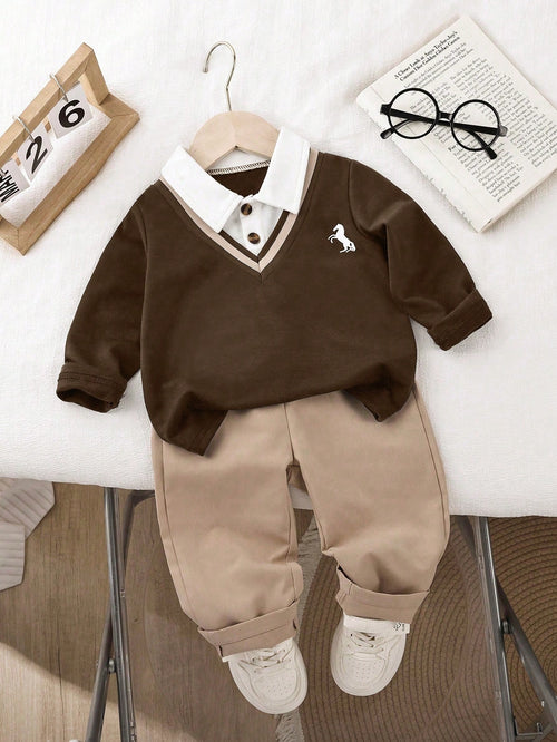 Playful Pals 1pc Baby Boy Set Knitted Long Sleeve Polo 2 In 1 Sweatshirt Chest Print Top&Elastic Waist Pants All Shades Of Brown Autumn Casual Matching Family
