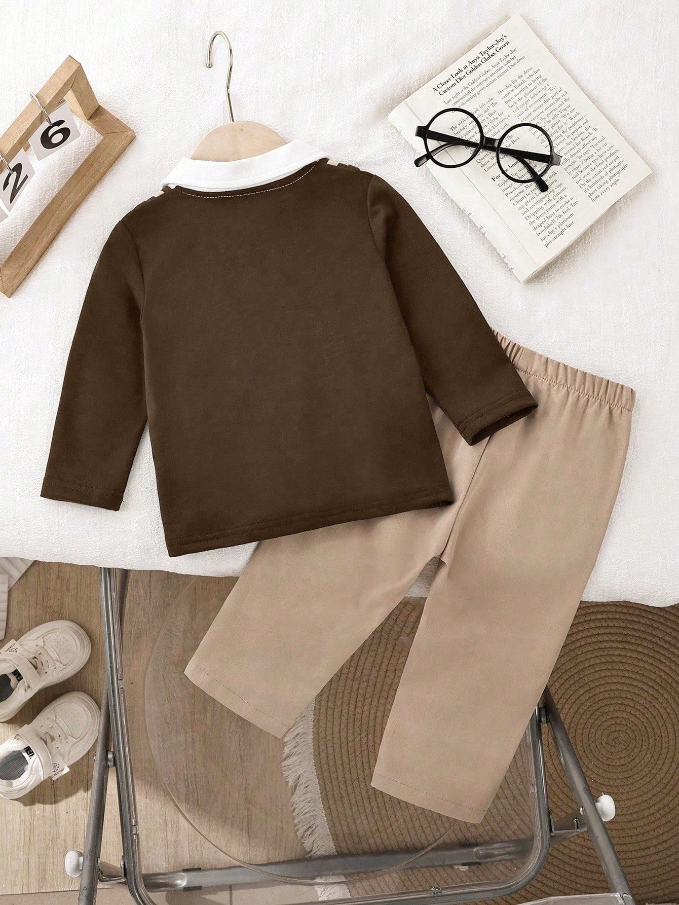 Playful Pals 1pc Baby Boy Set Knitted Long Sleeve Polo 2 In 1 Sweatshirt Chest Print Top&Elastic Waist Pants All Shades Of Brown Autumn Casual Matching Family
