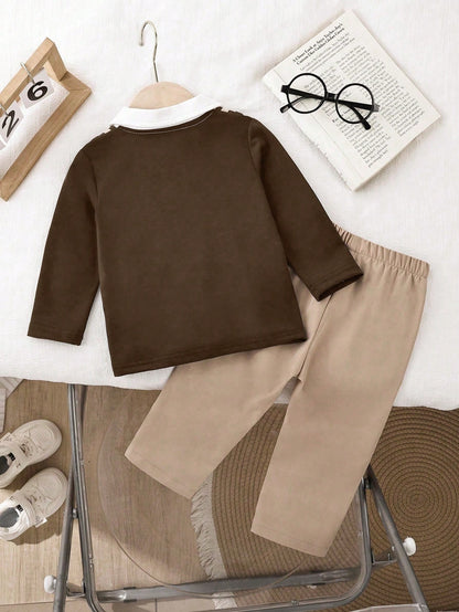 Playful Pals 1pc Baby Boy Set Knitted Long Sleeve Polo 2 In 1 Sweatshirt Chest Print Top&Elastic Waist Pants All Shades Of Brown Autumn Casual Matching Family