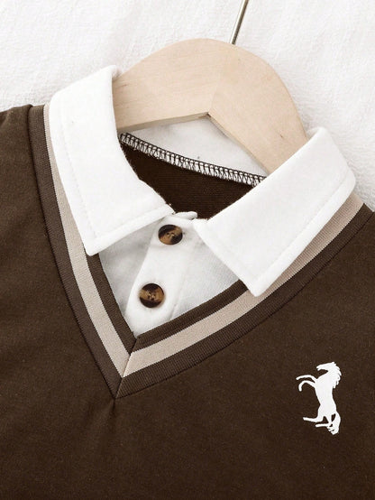 Playful Pals 1pc Baby Boy Set Knitted Long Sleeve Polo 2 In 1 Sweatshirt Chest Print Top&Elastic Waist Pants All Shades Of Brown Autumn Casual Matching Family
