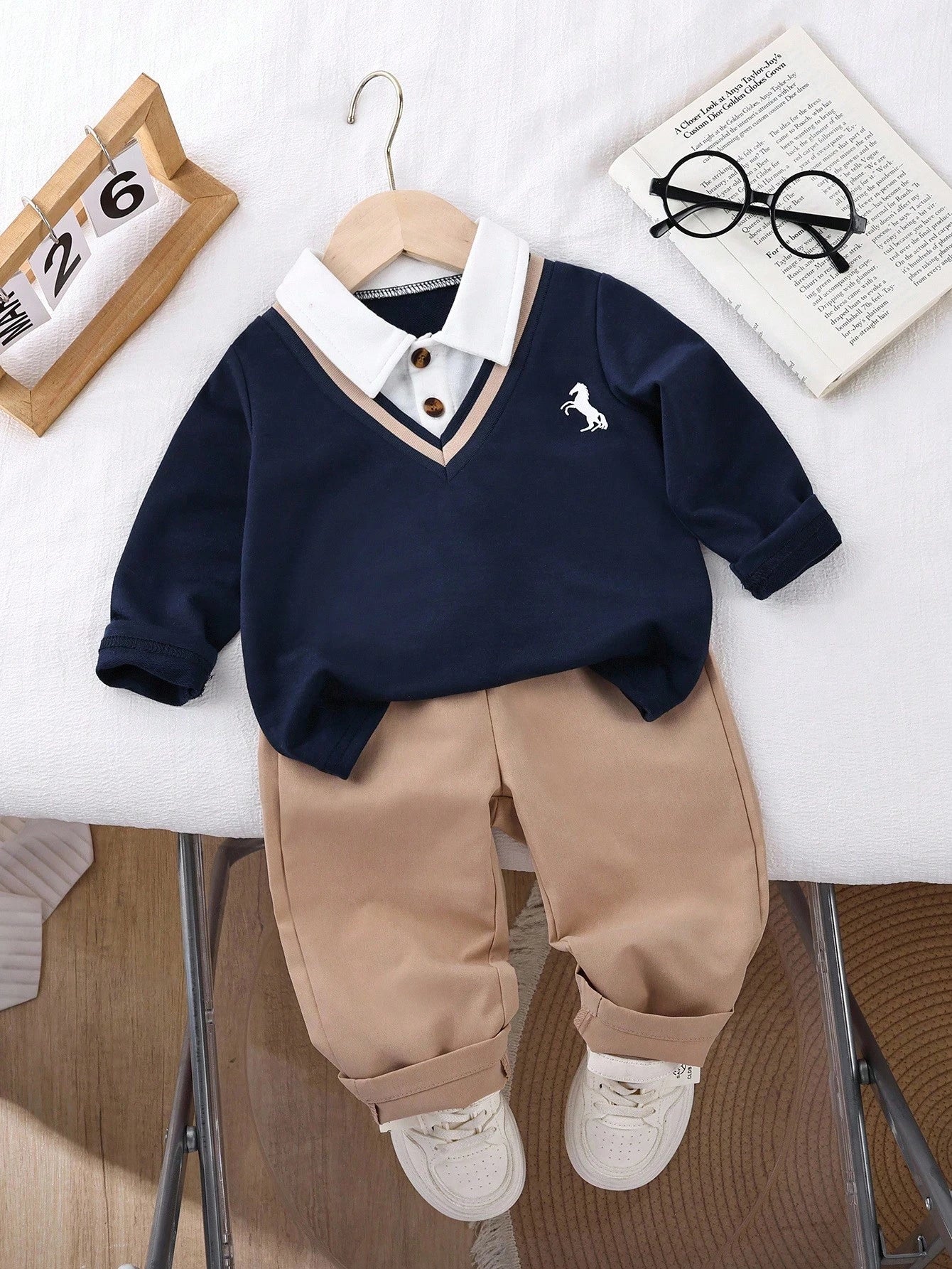 Playful Pals 1pc Baby Boy Set Knitted Long Sleeve Polo 2 In 1 Sweatshirt Chest Print Top&Elastic Waist Pants All Shades Of Brown Autumn Casual Matching Family
