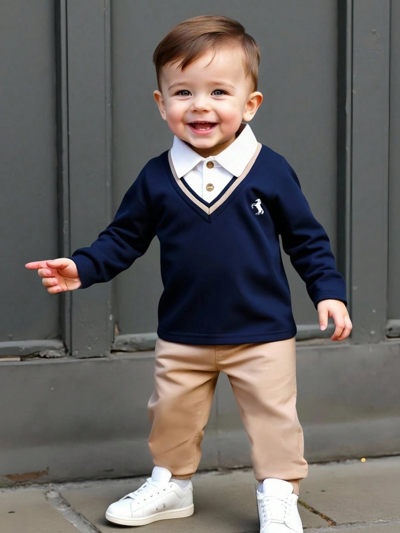 Playful Pals 1pc Baby Boy Set Knitted Long Sleeve Polo 2 In 1 Sweatshirt Chest Print Top&Elastic Waist Pants All Shades Of Brown Autumn Casual Matching Family