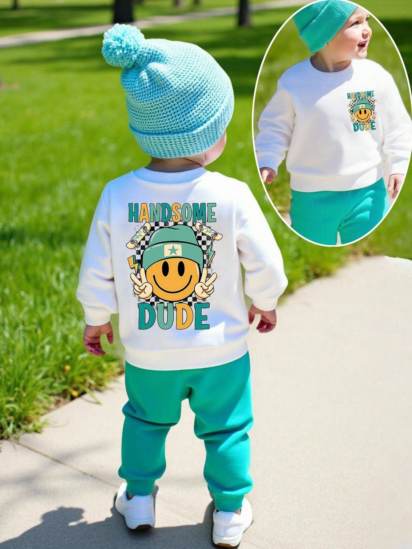 Playful Pals 2pcs Baby Boy White Autumn Cute Graphic Vacation Back-To-School Checkerboard Face MAMA'S BOY Letter Print Crew Neck Sweatshirt And Sports Pants Set