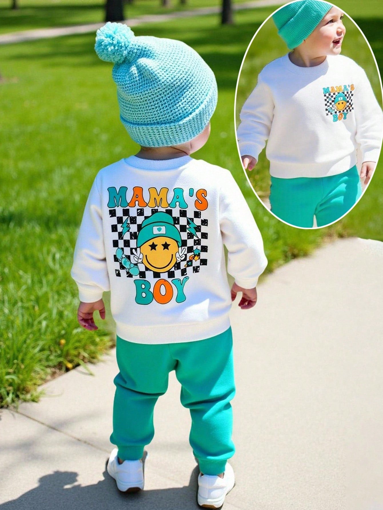 Playful Pals 2pcs Baby Boy White Autumn Cute Graphic Vacation Back-To-School Checkerboard Face MAMA'S BOY Letter Print Crew Neck Sweatshirt And Sports Pants Set
