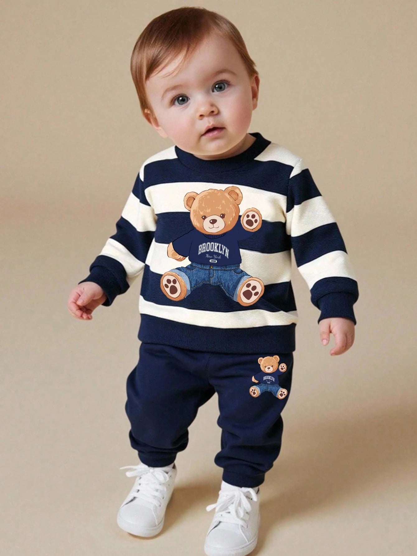 Playful Pals 2pcs/Set Baby Boy Striped Bear Graphic Sweatshirt And Matching Sweatpants Cute Navy And White Autumn Outfit Comfortable Matching Family Style