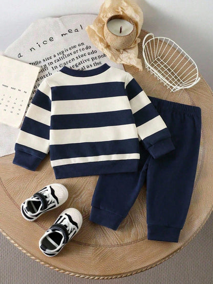 Playful Pals 2pcs/Set Baby Boy Striped Bear Graphic Sweatshirt And Matching Sweatpants Cute Navy And White Autumn Outfit Comfortable Matching Family Style