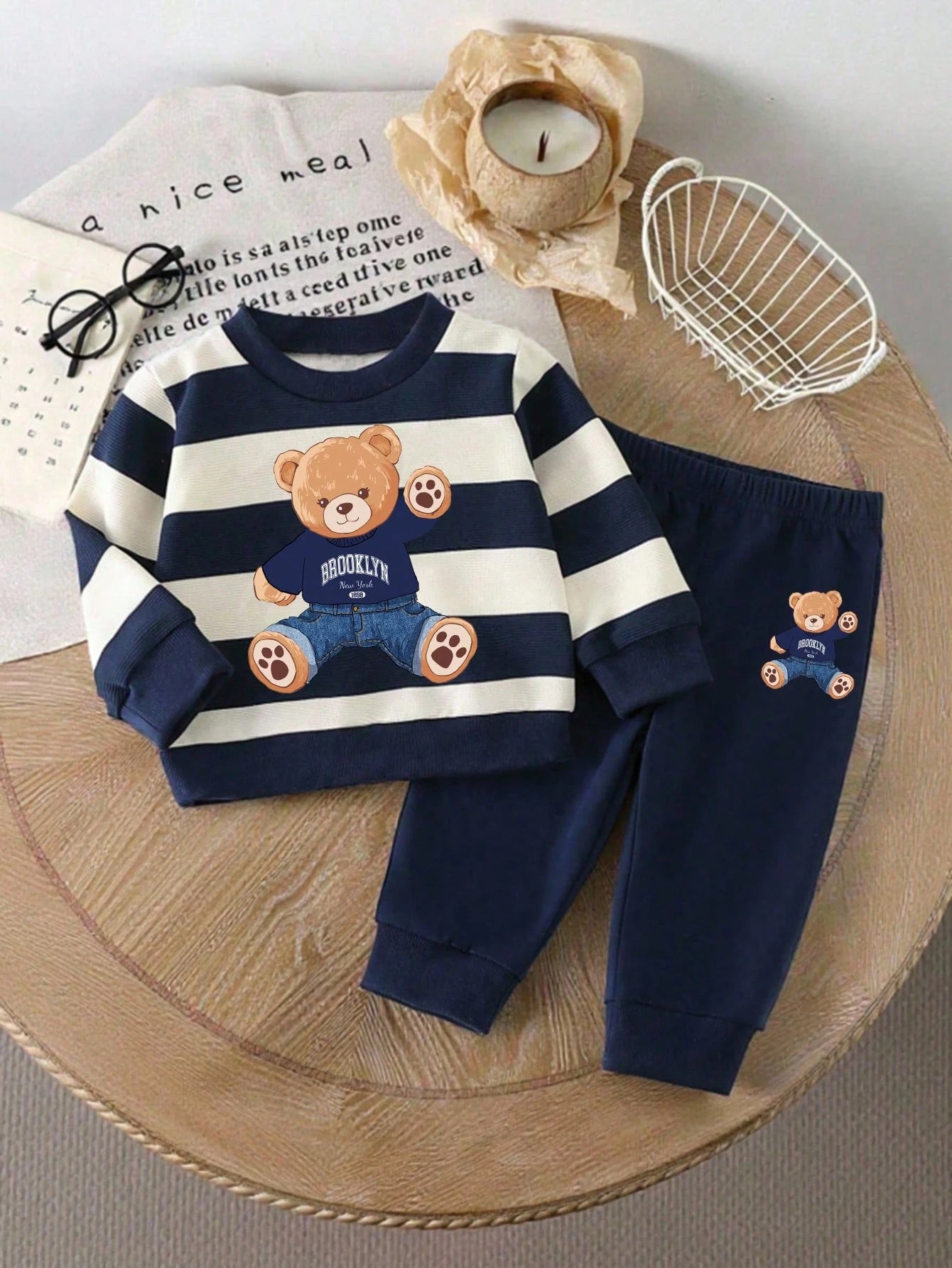 Playful Pals 2pcs/Set Baby Boy Striped Bear Graphic Sweatshirt And Matching Sweatpants Cute Navy And White Autumn Outfit Comfortable Matching Family Style