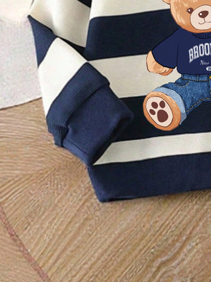 Playful Pals 2pcs/Set Baby Boy Striped Bear Graphic Sweatshirt And Matching Sweatpants Cute Navy And White Autumn Outfit Comfortable Matching Family Style