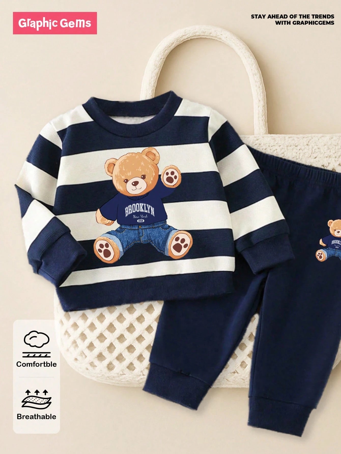 Playful Pals 2pcs/Set Baby Boy Striped Bear Graphic Sweatshirt And Matching Sweatpants Cute Navy And White Autumn Outfit Comfortable Matching Family Style