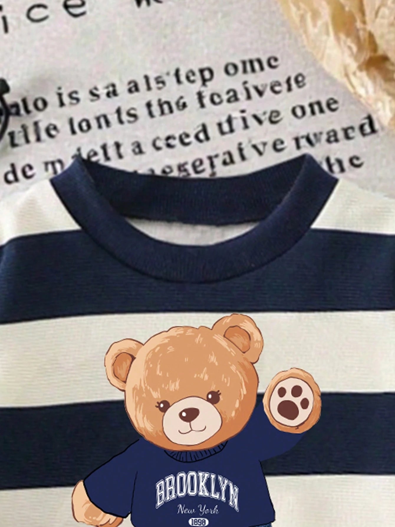 Playful Pals 2pcs/Set Baby Boy Striped Bear Graphic Sweatshirt And Matching Sweatpants Cute Navy And White Autumn Outfit Comfortable Matching Family Style