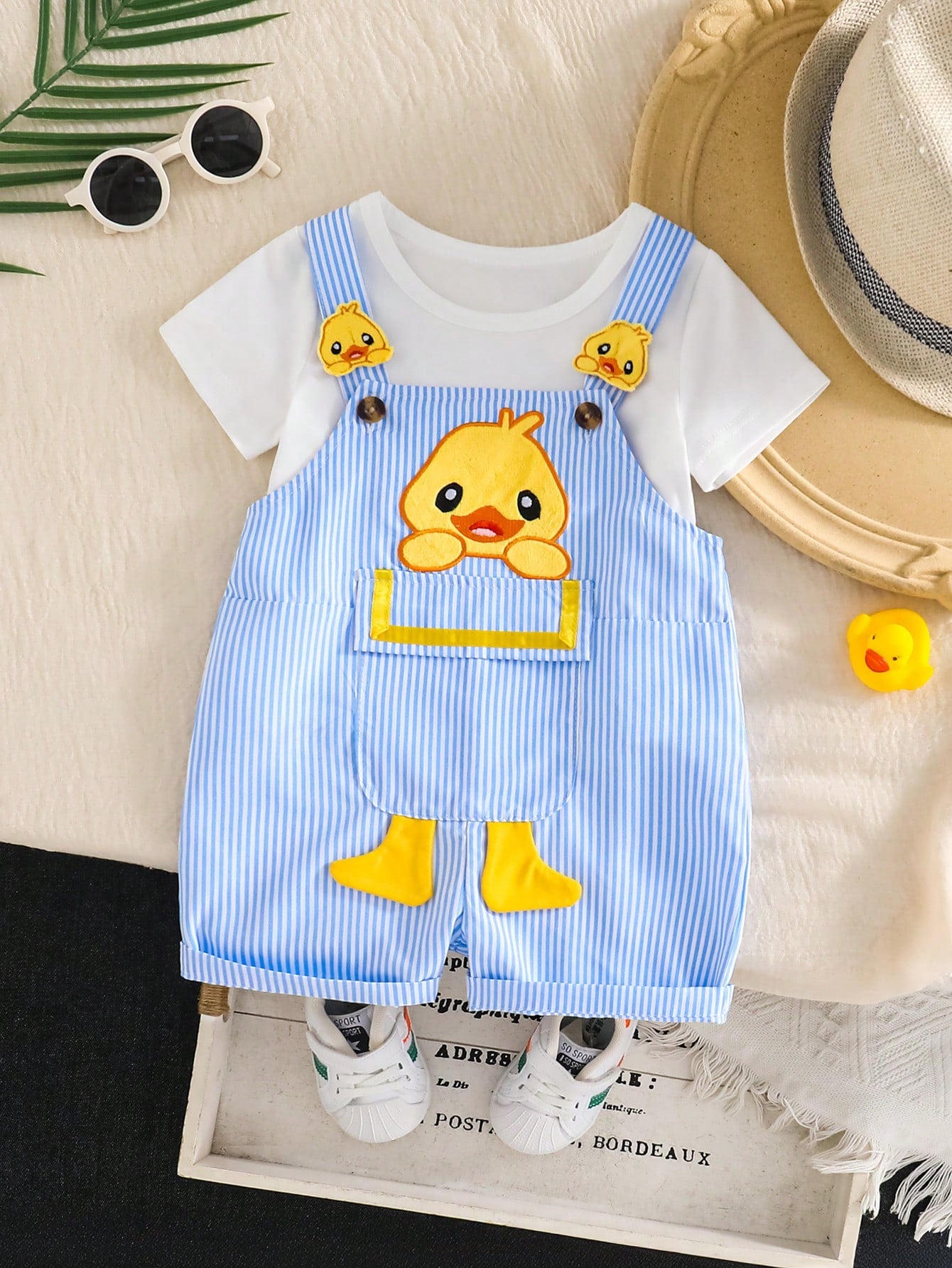 Playful Pals 2pcs/Set Baby Boys' Round Neck T-Shirt And Cartoon Duck Embroidered Bib Shorts Blue White Stripe Summer Casual Cute Family Matching Infant Outfits