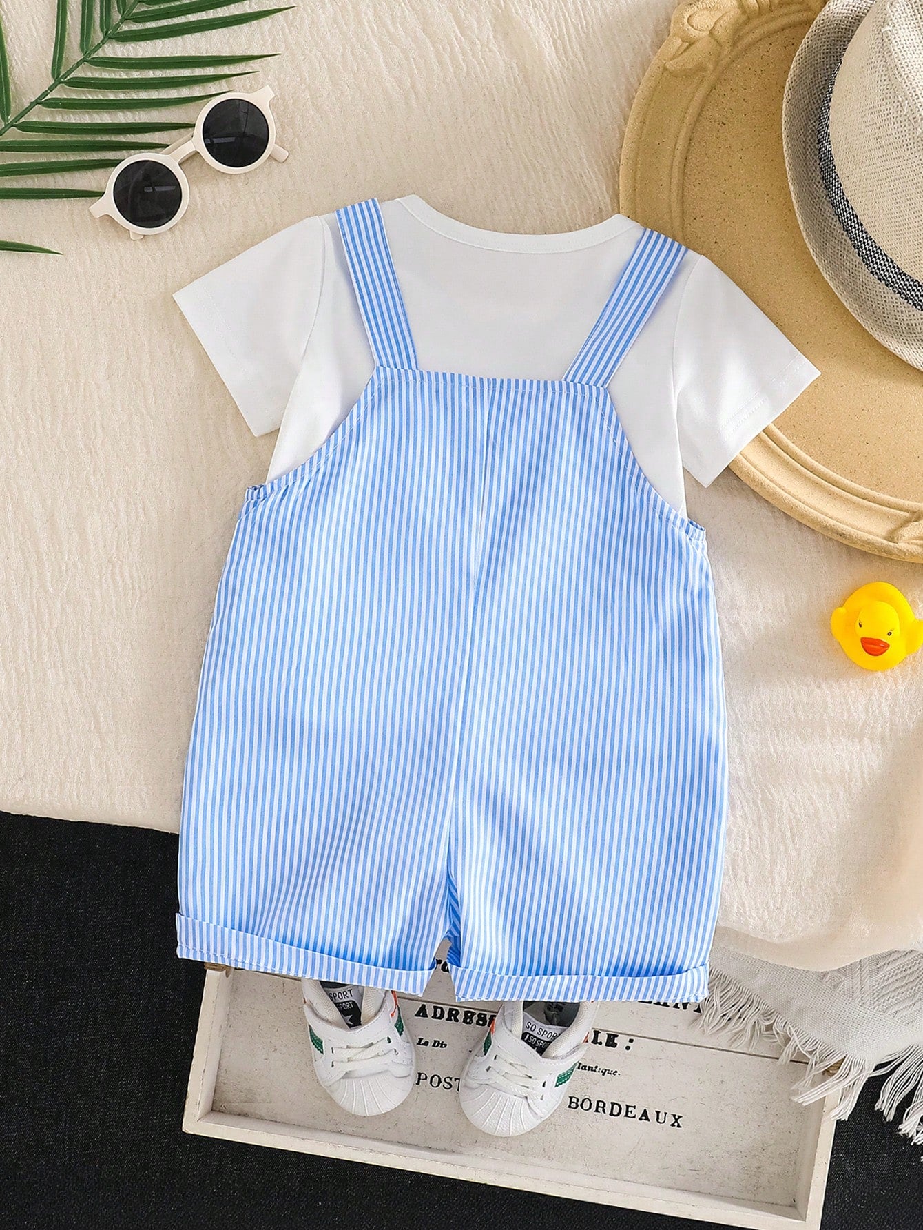 Playful Pals 2pcs/Set Baby Boys' Round Neck T-Shirt And Cartoon Duck Embroidered Bib Shorts Blue White Stripe Summer Casual Cute Family Matching Infant Outfits