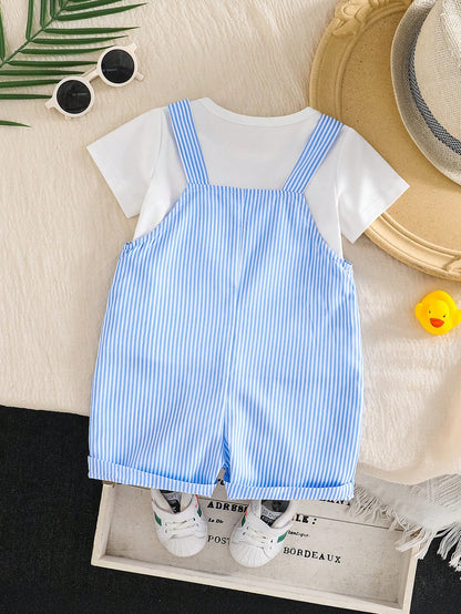 Playful Pals 2pcs/Set Baby Boys' Round Neck T-Shirt And Cartoon Duck Embroidered Bib Shorts Blue White Stripe Summer Casual Cute Family Matching Infant Outfits