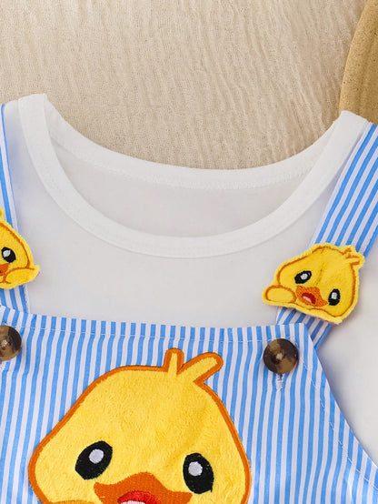Playful Pals 2pcs/Set Baby Boys' Round Neck T-Shirt And Cartoon Duck Embroidered Bib Shorts Blue White Stripe Summer Casual Cute Family Matching Infant Outfits