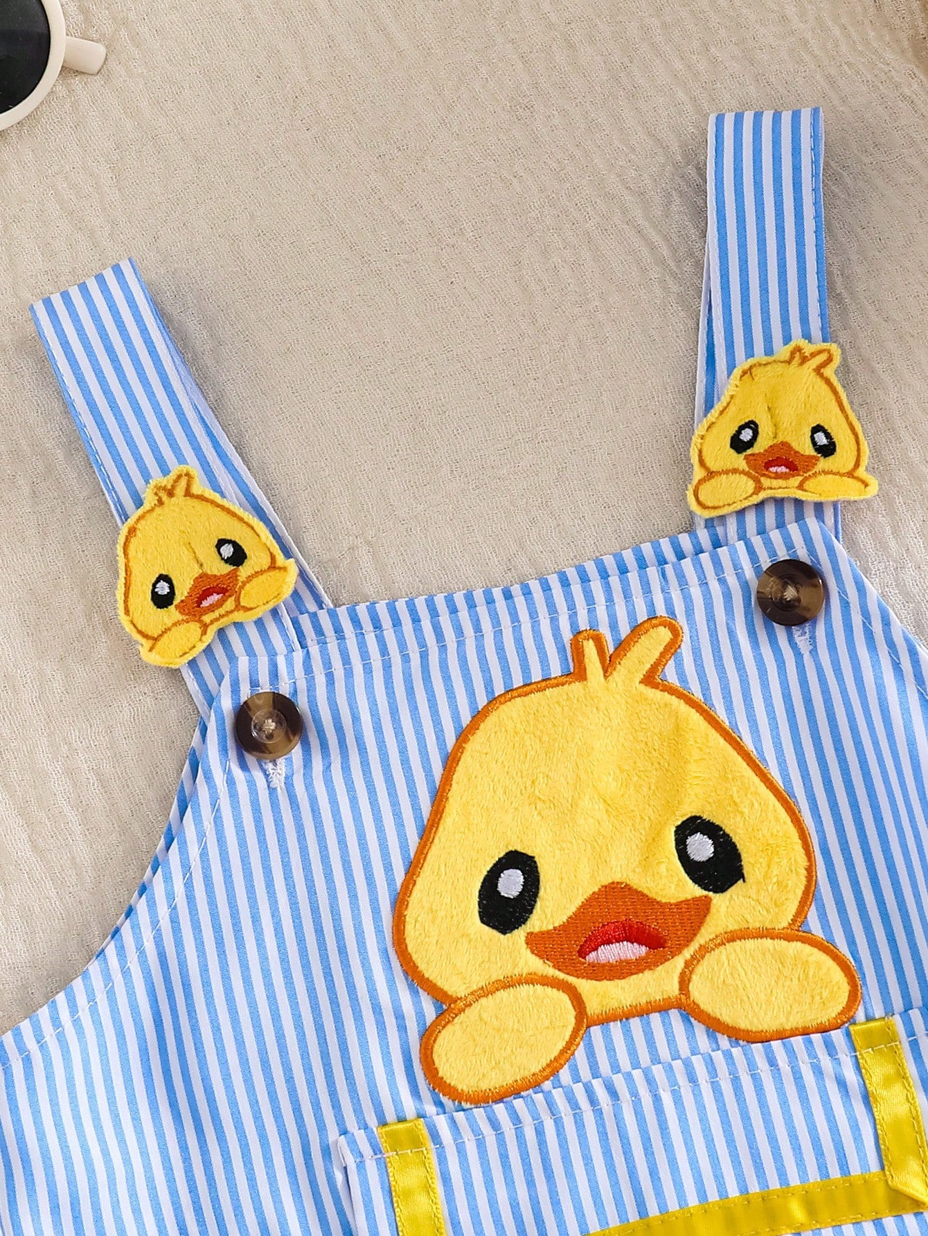Playful Pals 2pcs/Set Baby Boys' Round Neck T-Shirt And Cartoon Duck Embroidered Bib Shorts Blue White Stripe Summer Casual Cute Family Matching Infant Outfits