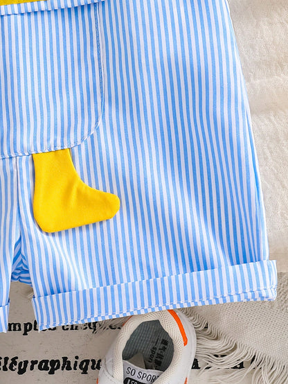 Playful Pals 2pcs/Set Baby Boys' Round Neck T-Shirt And Cartoon Duck Embroidered Bib Shorts Blue White Stripe Summer Casual Cute Family Matching Infant Outfits