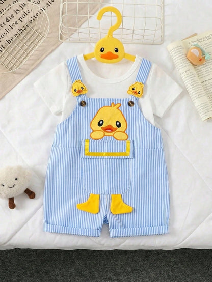 Playful Pals 2pcs/Set Baby Boys' Round Neck T-Shirt And Cartoon Duck Embroidered Bib Shorts Blue White Stripe Summer Casual Cute Family Matching Infant Outfits