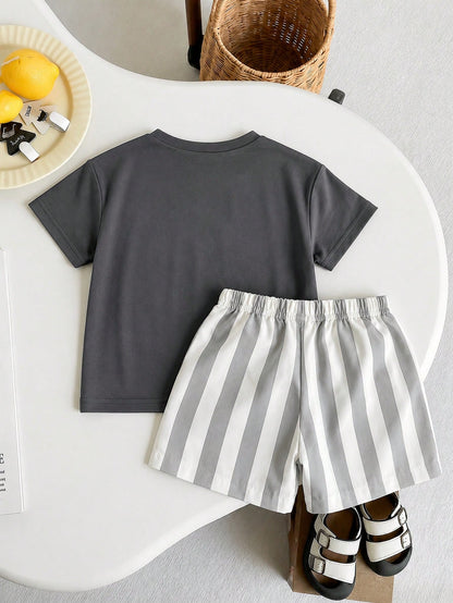 Playful Pals 2pcs/Set Baby Boys Vacation Casual Face Tie-Dye T-Shirt And Striped Shorts Outfit, Summer Set