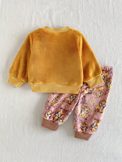 Playful Pals 2pcs/Set Newborn Baby Boy Yellow Crew Neck Long Sleeve Pullover Lion Embroidery Top + Elastic Waist Lion Animal Cartoon Print Pants, Casual Cute Retro Sporty Thermal Lined Thick War