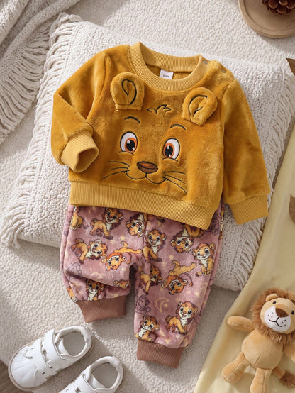 Playful Pals 2pcs/Set Newborn Baby Boy Yellow Crew Neck Long Sleeve Pullover Lion Embroidery Top + Elastic Waist Lion Animal Cartoon Print Pants, Casual Cute Retro Sporty Thermal Lined Thick War