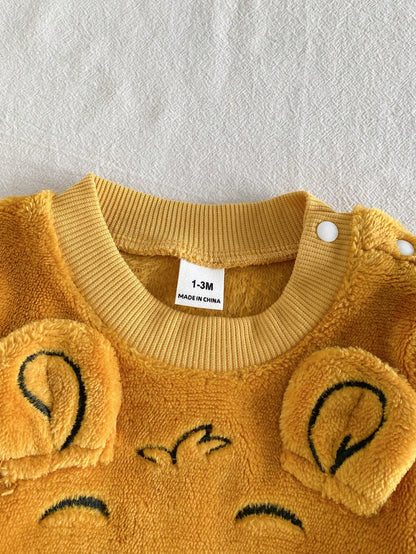 Playful Pals 2pcs/Set Newborn Baby Boy Yellow Crew Neck Long Sleeve Pullover Lion Embroidery Top + Elastic Waist Lion Animal Cartoon Print Pants, Casual Cute Retro Sporty Thermal Lined Thick War