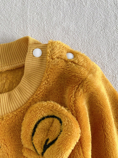 Playful Pals 2pcs/Set Newborn Baby Boy Yellow Crew Neck Long Sleeve Pullover Lion Embroidery Top + Elastic Waist Lion Animal Cartoon Print Pants, Casual Cute Retro Sporty Thermal Lined Thick War
