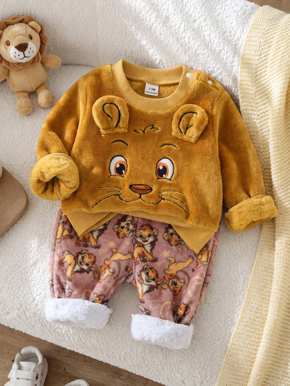Playful Pals 2pcs/Set Newborn Baby Boy Yellow Crew Neck Long Sleeve Pullover Lion Embroidery Top + Elastic Waist Lion Animal Cartoon Print Pants, Casual Cute Retro Sporty Thermal Lined Thick War