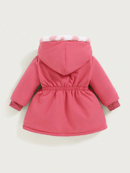 Playful Pals 2pcs/Set Reversible Baby Girls Thick Fleece Plaid Hooded Long Coat, Casual Cute Western Warm Outerwear For Autumn/Winter Baby Pink Hot Pink