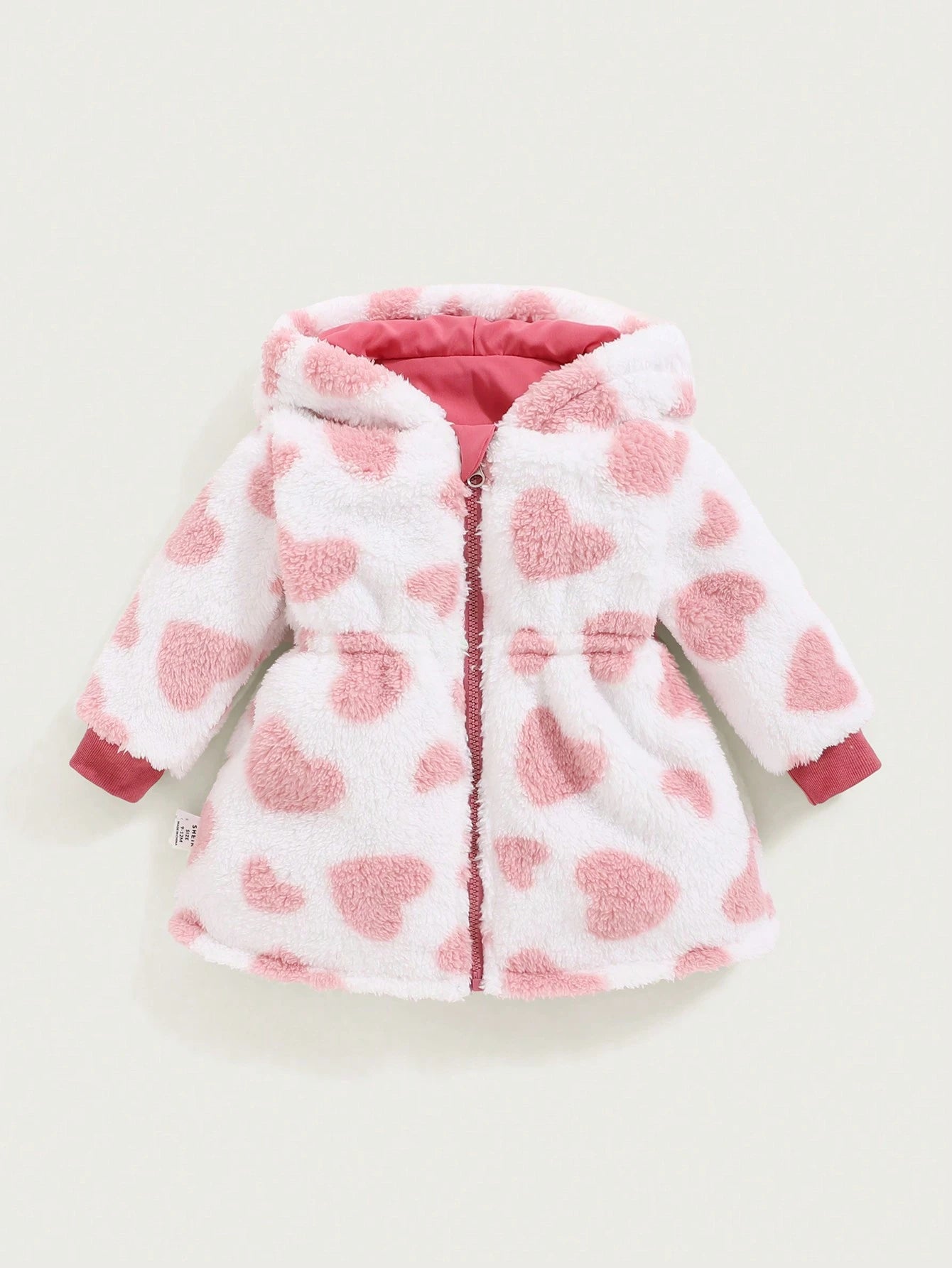 Playful Pals 2pcs/Set Reversible Baby Girls Thick Fleece Plaid Hooded Long Coat, Casual Cute Western Warm Outerwear For Autumn/Winter Baby Pink Hot Pink