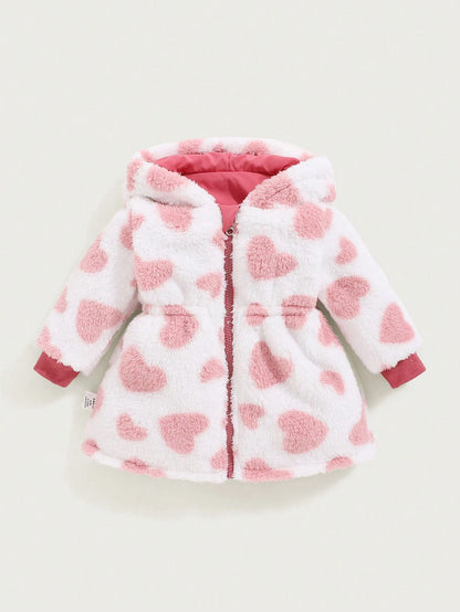 Playful Pals 2pcs/Set Reversible Baby Girls Thick Fleece Plaid Hooded Long Coat, Casual Cute Western Warm Outerwear For Autumn/Winter Baby Pink Hot Pink