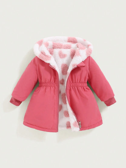 Playful Pals 2pcs/Set Reversible Baby Girls Thick Fleece Plaid Hooded Long Coat, Casual Cute Western Warm Outerwear For Autumn/Winter Baby Pink Hot Pink
