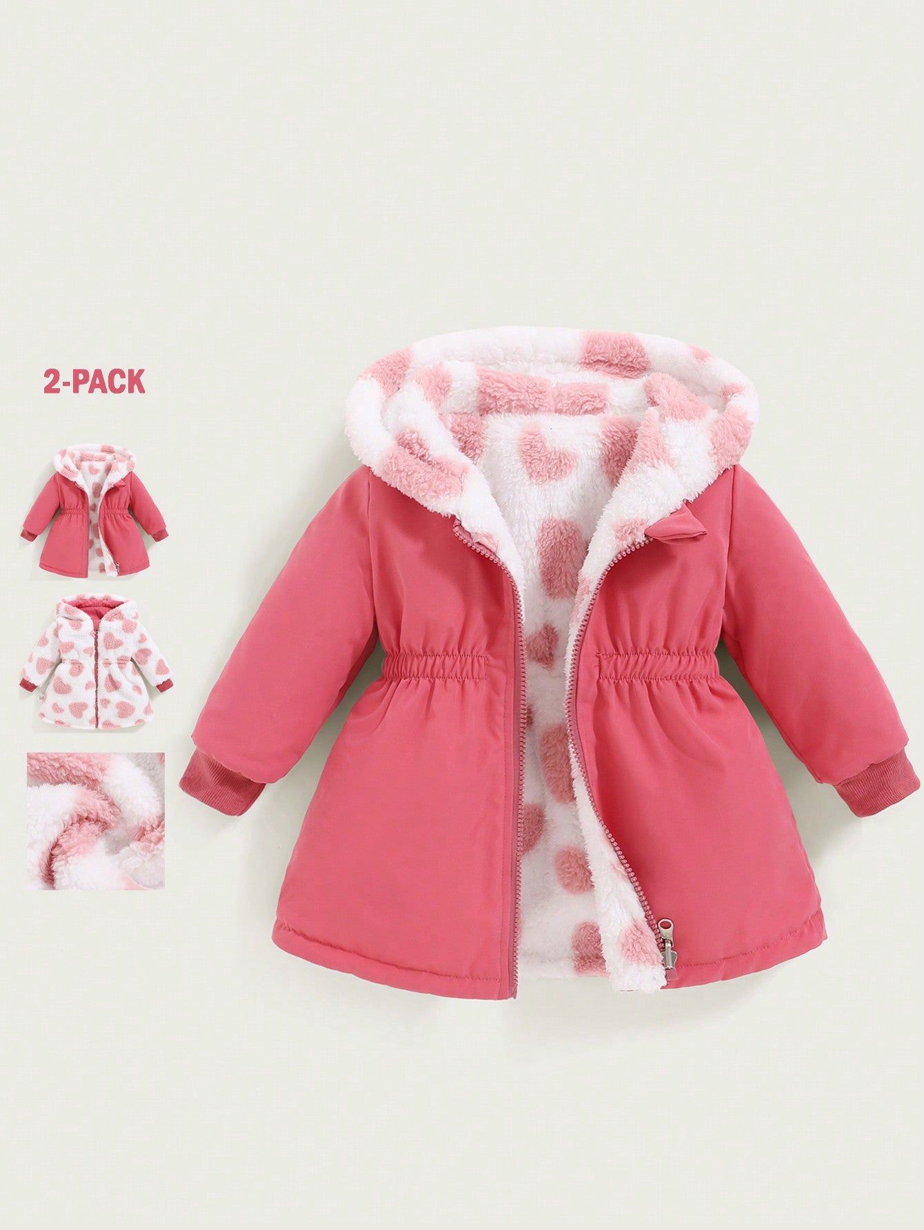 Playful Pals 2pcs/Set Reversible Baby Girls Thick Fleece Plaid Hooded Long Coat, Casual Cute Western Warm Outerwear For Autumn/Winter Baby Pink Hot Pink