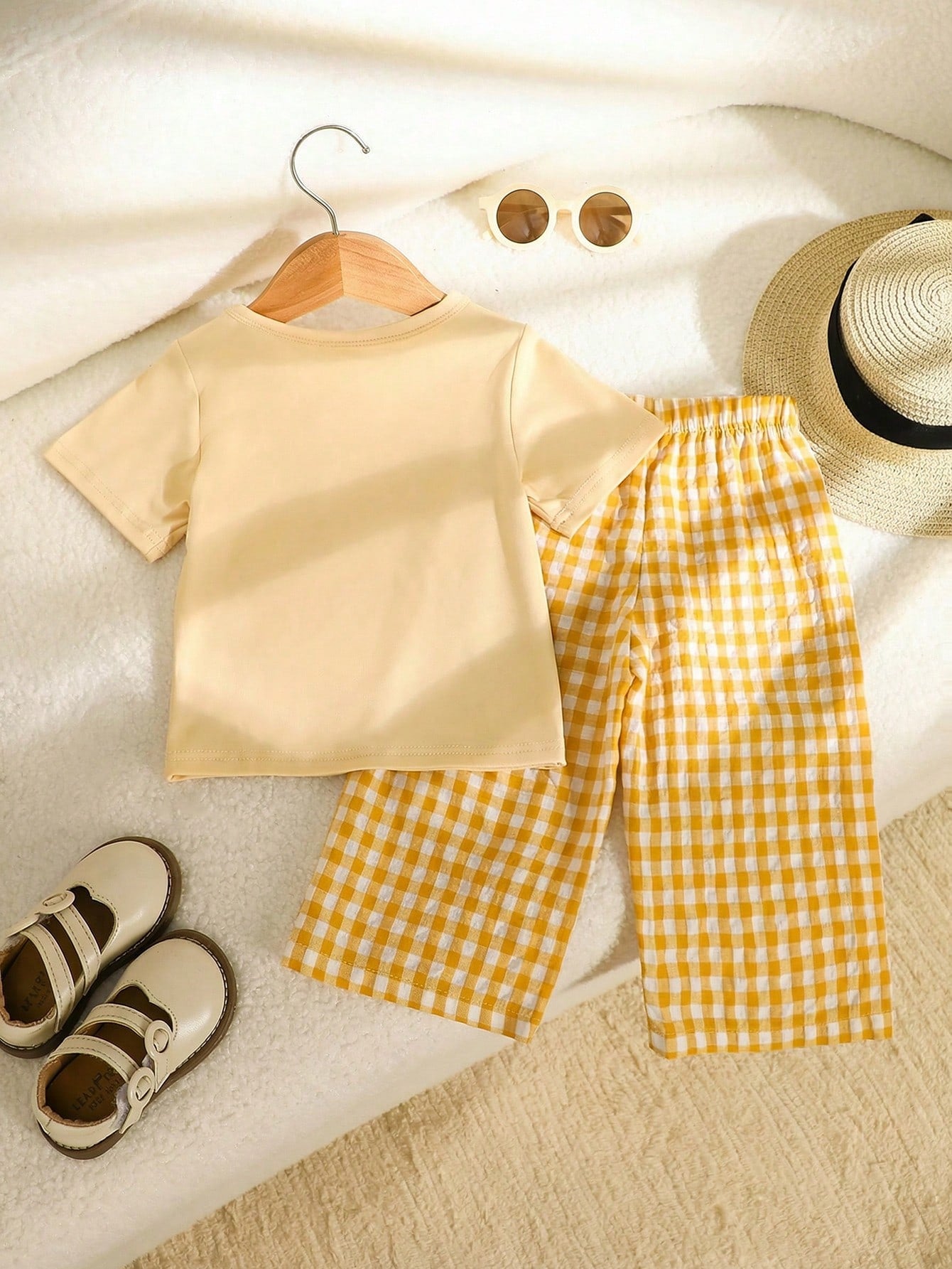 Playful Pals 2pcs Toddler Baby Girls Pastel Yellow Summer Casual Cute Vacation Outfits Solid Chest Pocket T-Shirt & Gingham Plaid Wide Leg Pants Two Piece Set