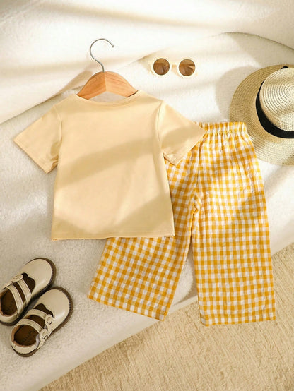 Playful Pals 2pcs Toddler Baby Girls Pastel Yellow Summer Casual Cute Vacation Outfits Solid Chest Pocket T-Shirt & Gingham Plaid Wide Leg Pants Two Piece Set