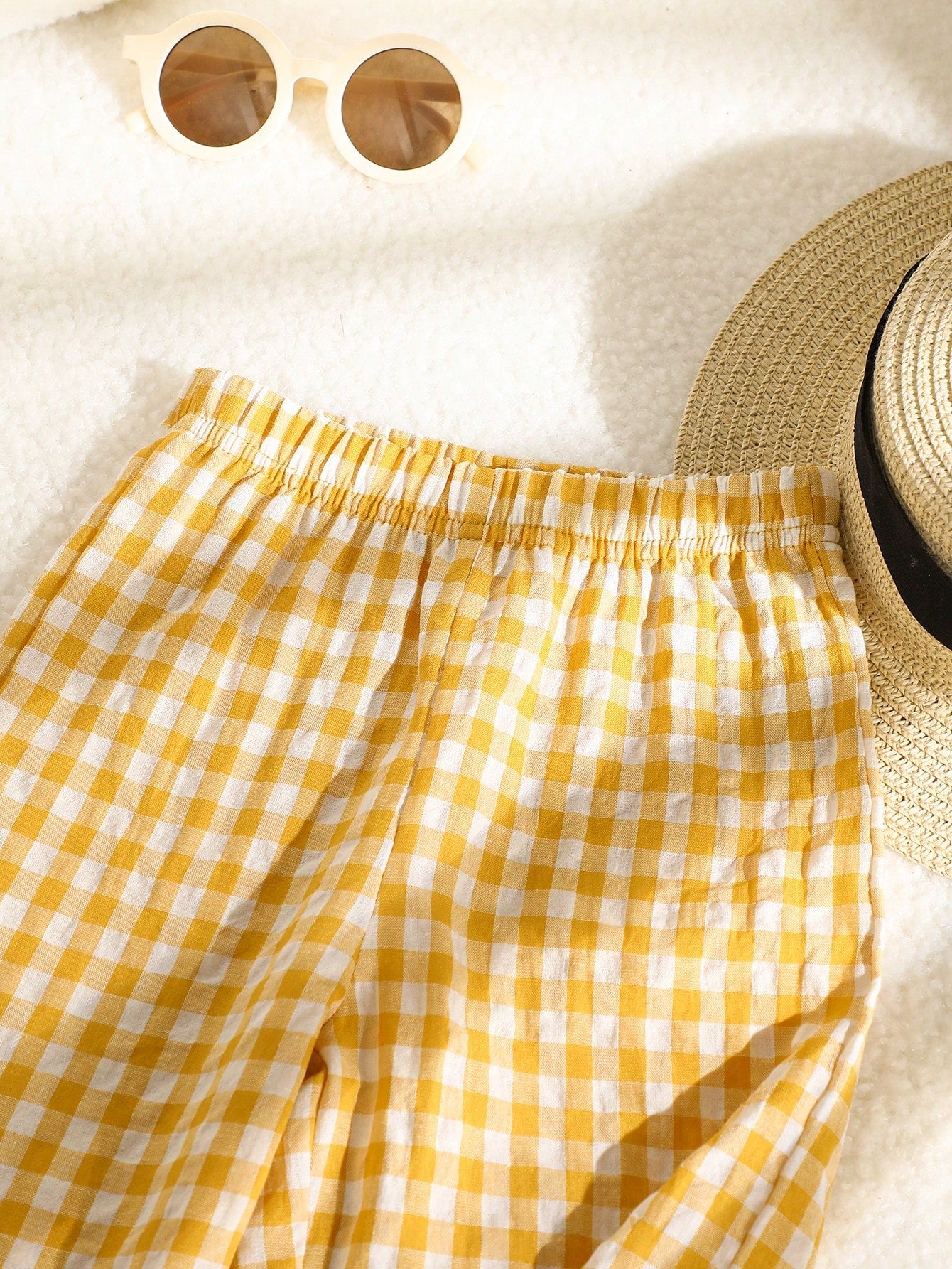 Playful Pals 2pcs Toddler Baby Girls Pastel Yellow Summer Casual Cute Vacation Outfits Solid Chest Pocket T-Shirt & Gingham Plaid Wide Leg Pants Two Piece Set