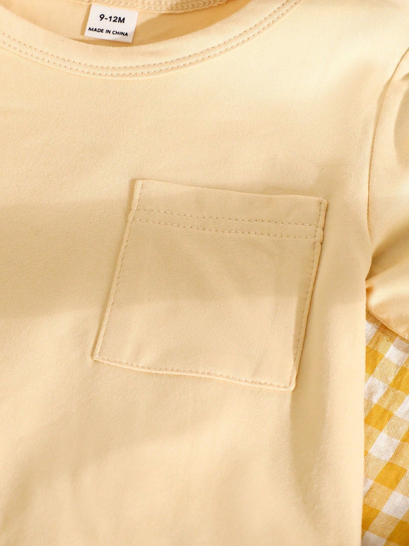 Playful Pals 2pcs Toddler Baby Girls Pastel Yellow Summer Casual Cute Vacation Outfits Solid Chest Pocket T-Shirt & Gingham Plaid Wide Leg Pants Two Piece Set