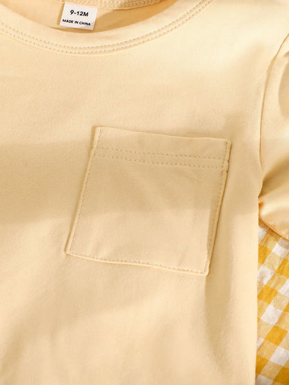 Playful Pals 2pcs Toddler Baby Girls Pastel Yellow Summer Casual Cute Vacation Outfits Solid Chest Pocket T-Shirt & Gingham Plaid Wide Leg Pants Two Piece Set
