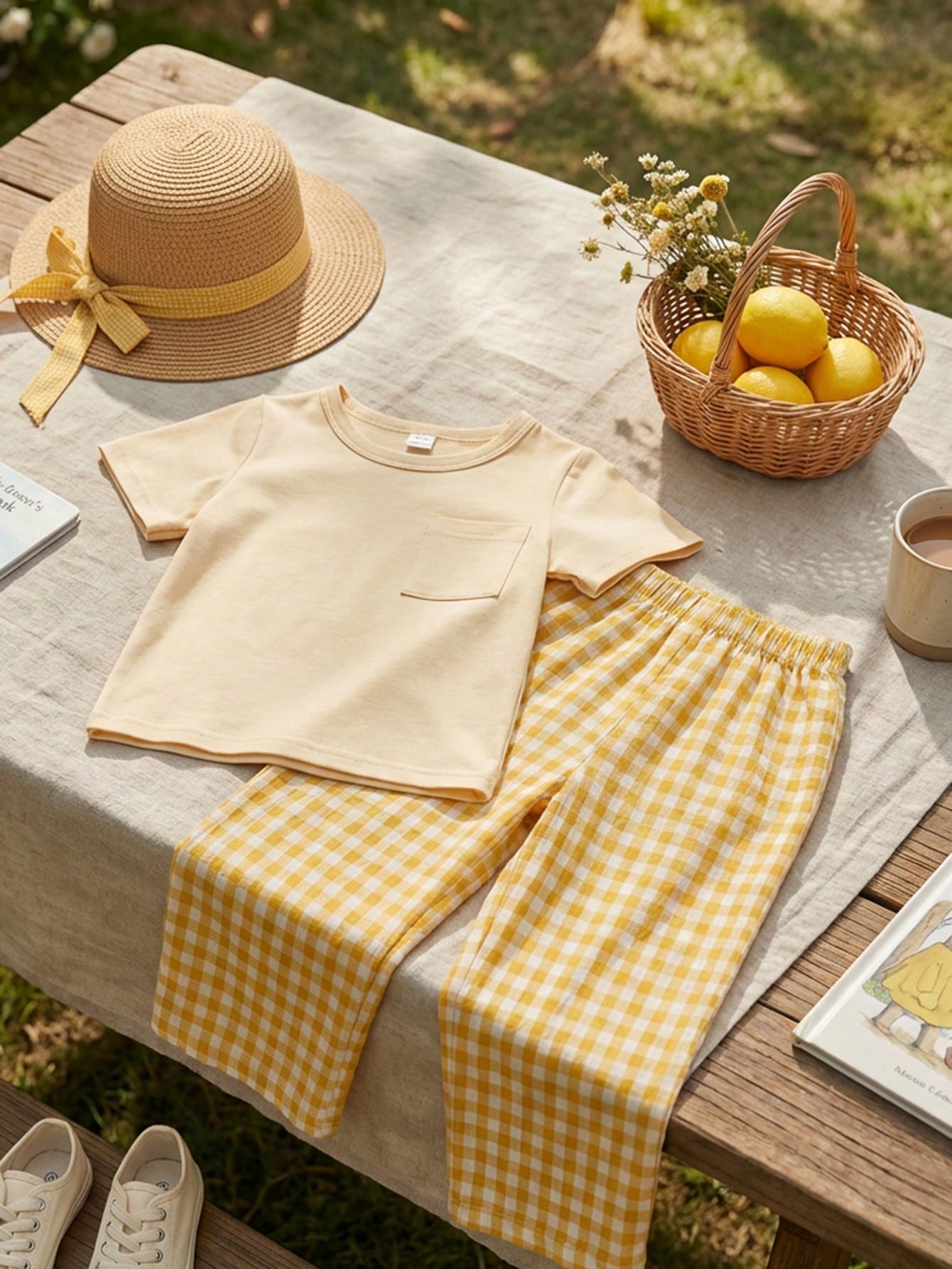Playful Pals 2pcs Toddler Baby Girls Pastel Yellow Summer Casual Cute Vacation Outfits Solid Chest Pocket T-Shirt & Gingham Plaid Wide Leg Pants Two Piece Set