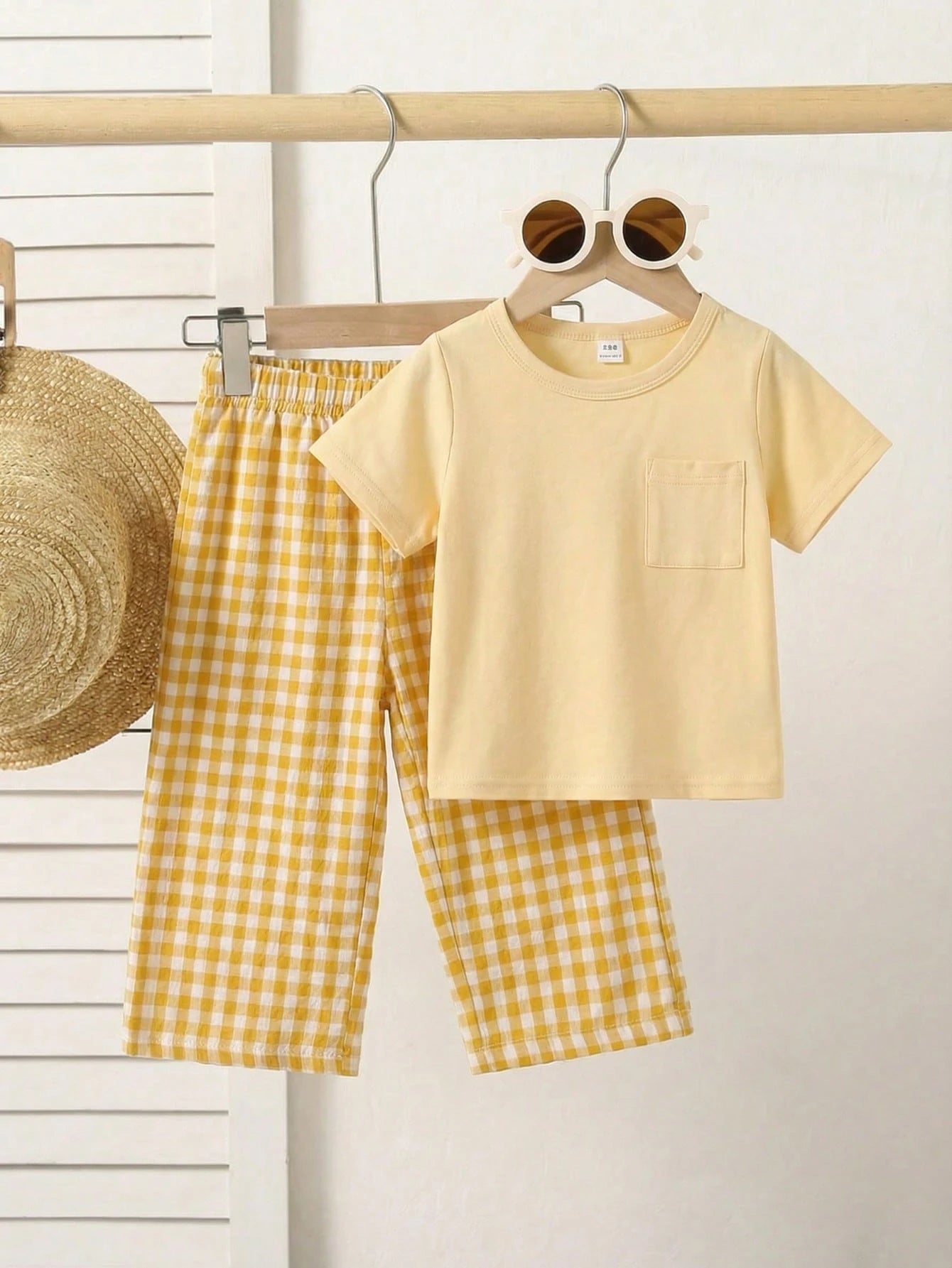 Playful Pals 2pcs Toddler Baby Girls Pastel Yellow Summer Casual Cute Vacation Outfits Solid Chest Pocket T-Shirt & Gingham Plaid Wide Leg Pants Two Piece Set