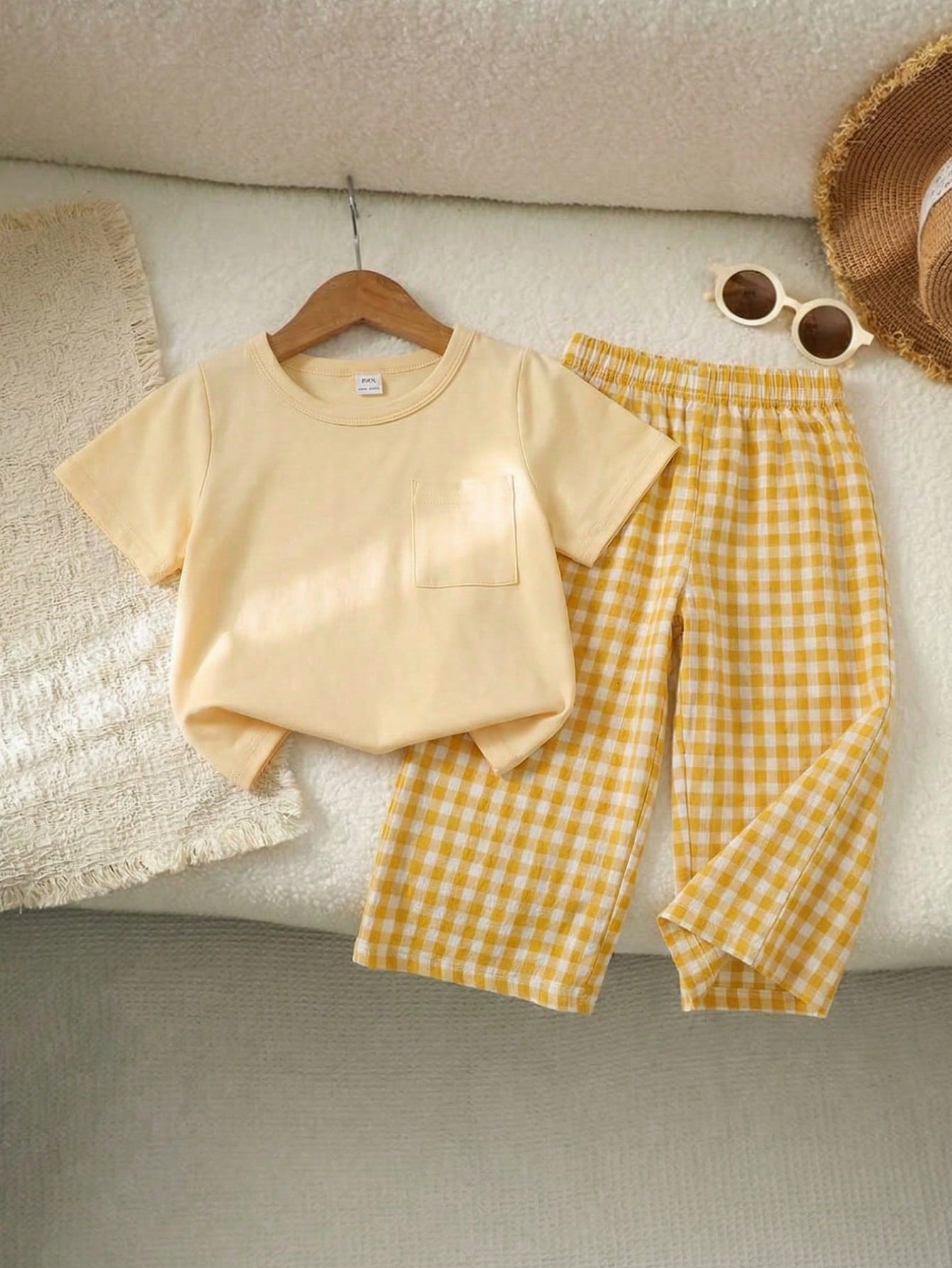 Playful Pals 2pcs Toddler Baby Girls Pastel Yellow Summer Casual Cute Vacation Outfits Solid Chest Pocket T-Shirt & Gingham Plaid Wide Leg Pants Two Piece Set